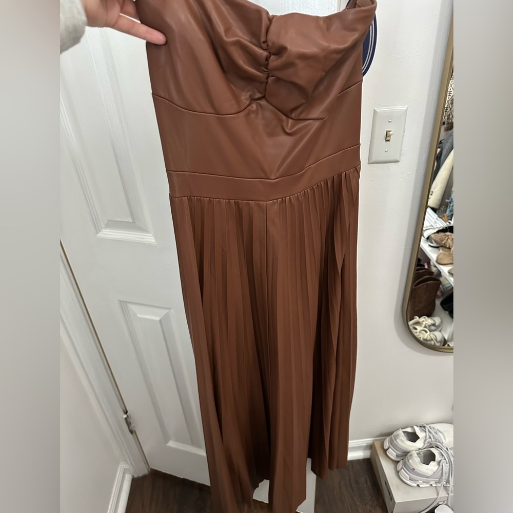 Strapless Brown Pleated Faux Leather Midi Dress - Picture 4 of 8